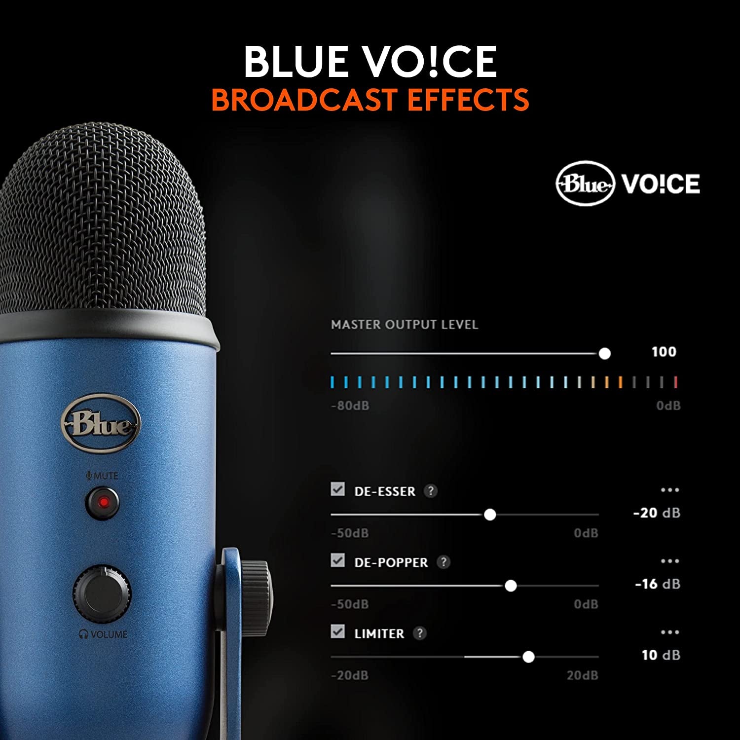 Yeti USB Microphone for PC, Mac, Gaming, Recording, Streaming, Podcasting, Studio and Condenser Mic with VO!CE Effects, 4 Pickup Patterns, Plug and Play - Midnight