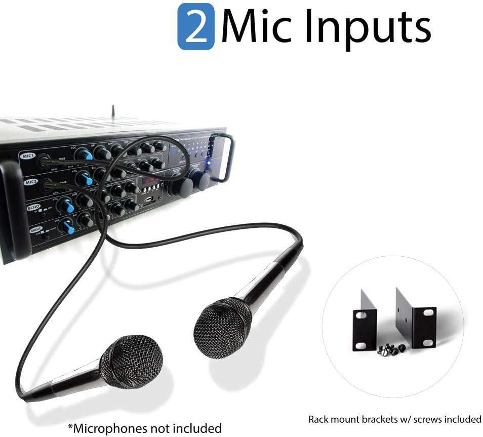 2000W Dual Channel Bluetooth Mixing Amplifier - Rack Mount - USB/RCA/AUX - 4 Mic Inputs W/ Talk-Over - USB/SD Readers - EQ Controls - Cooling Fan - for Karaoke/Pa/Home Theater/Studio - PMXAKB2000