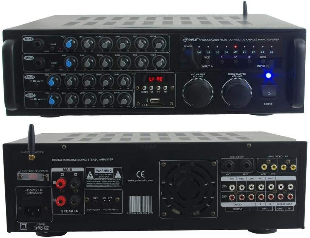2000W Dual Channel Bluetooth Mixing Amplifier - Rack Mount - USB/RCA/AUX - 4 Mic Inputs W/ Talk-Over - USB/SD Readers - EQ Controls - Cooling Fan - for Karaoke/Pa/Home Theater/Studio - PMXAKB2000